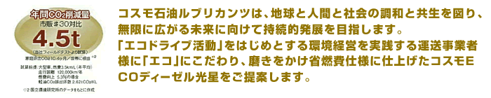 コスモ石油ルブリカンツは、地球と人間と社会の調和と共生を図り、無限に広がる未来に向けて持続的発展を目指します。「エコドライブ活動」をはじめとする環境経営を実践する運送事業者様に「エコ」にこだわり、磨きをかけ省燃費仕様に仕上げたコスモECOディーゼル光星をご提案します。